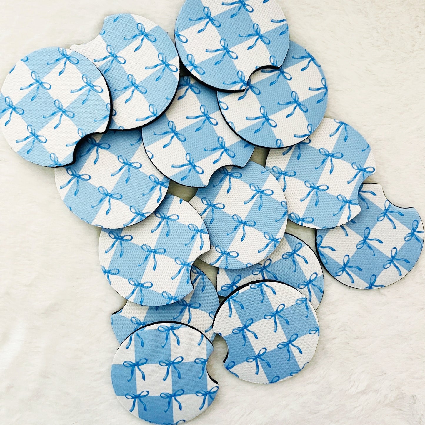 Car Coasters - Blue Coquette Bow & Checkered Pattern