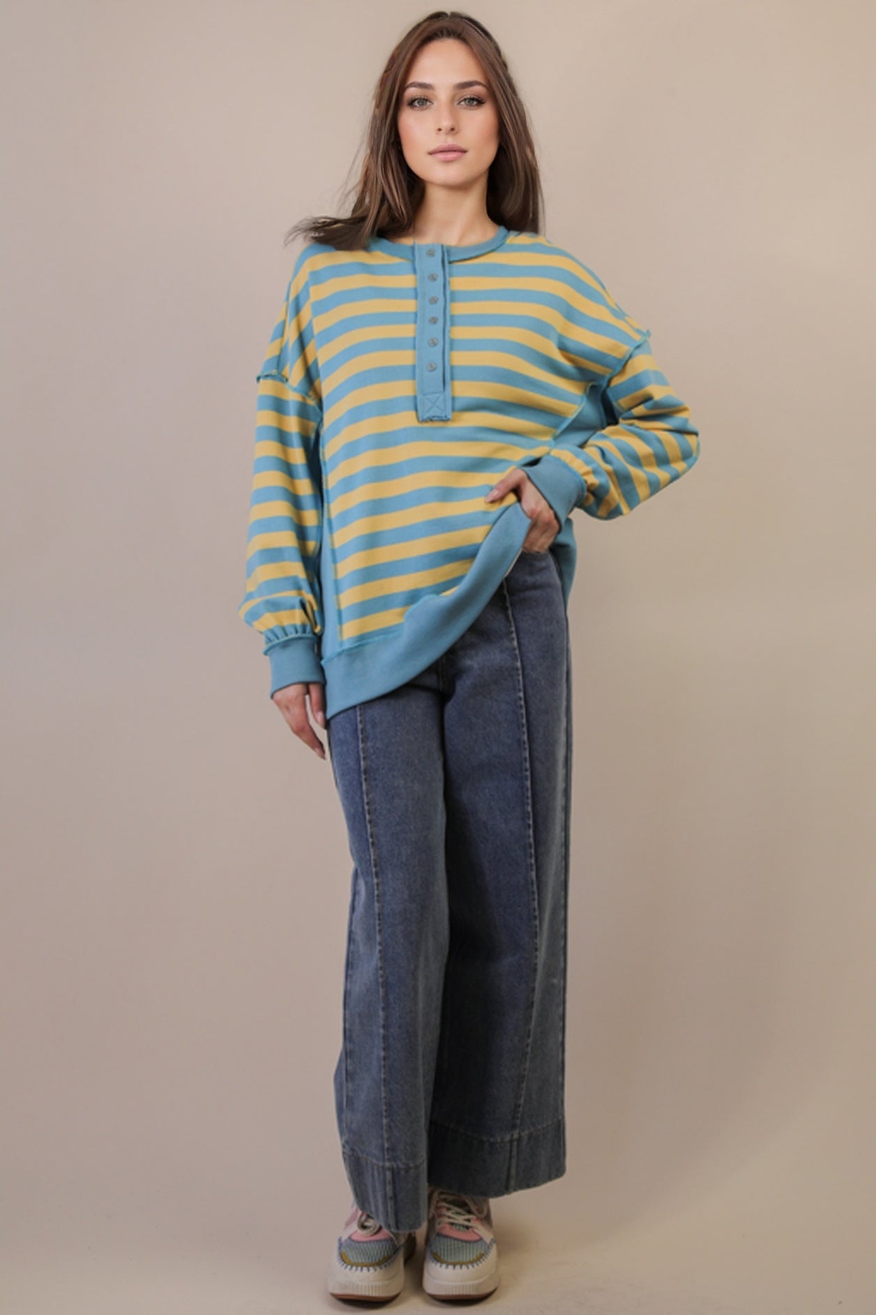 Oversized Striped Half Button Casual Top