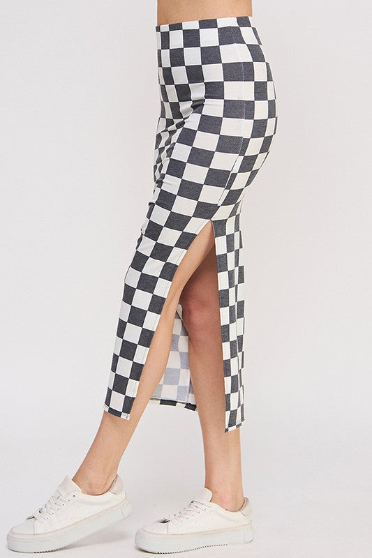Race Day Checkered Pencil Skirt with Side Slit