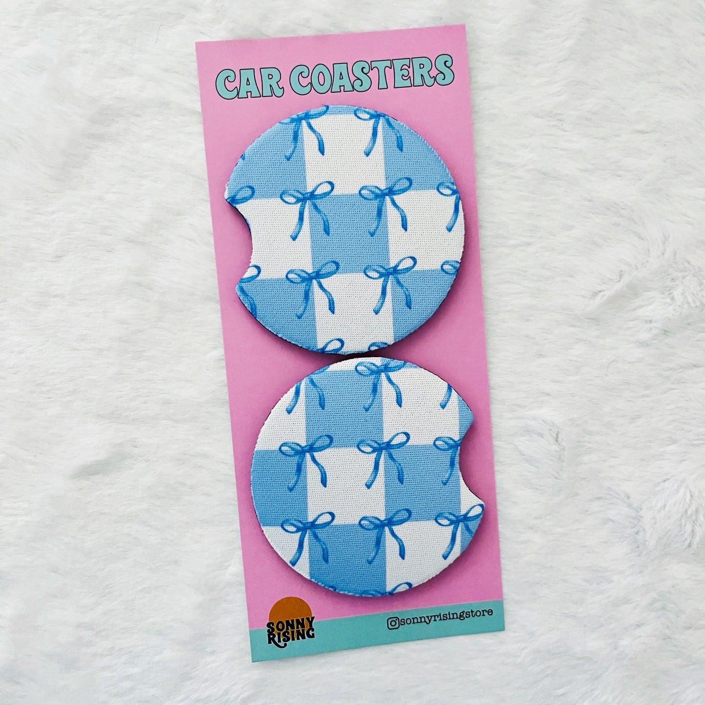 Car Coasters - Blue Coquette Bow & Checkered Pattern