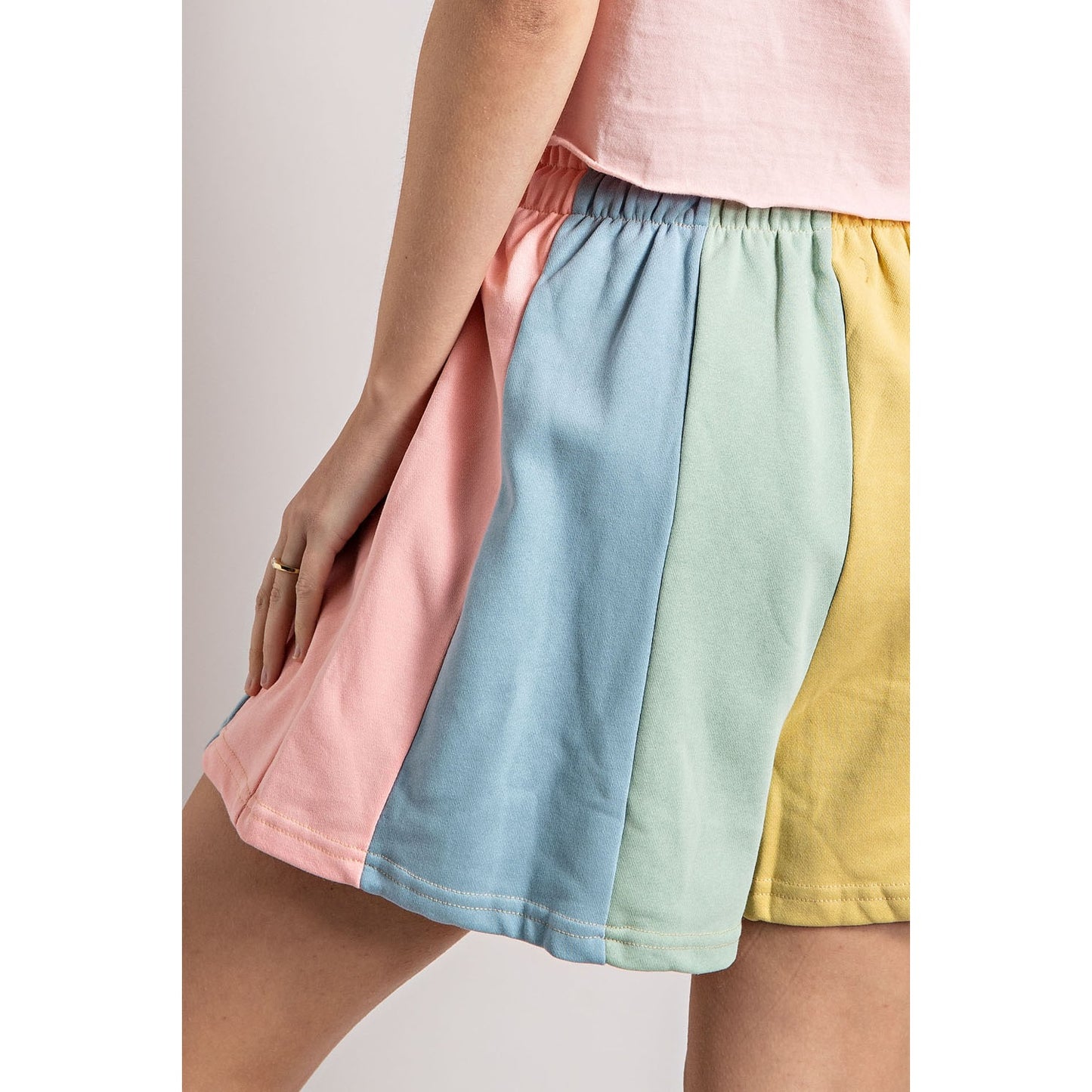 Muted Rainbow Color-Block Stripe Shorts