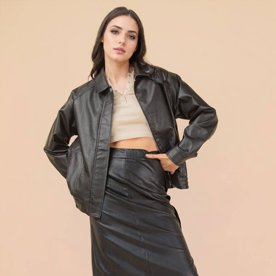 Oversized Vegan Leather Bomber Jacket