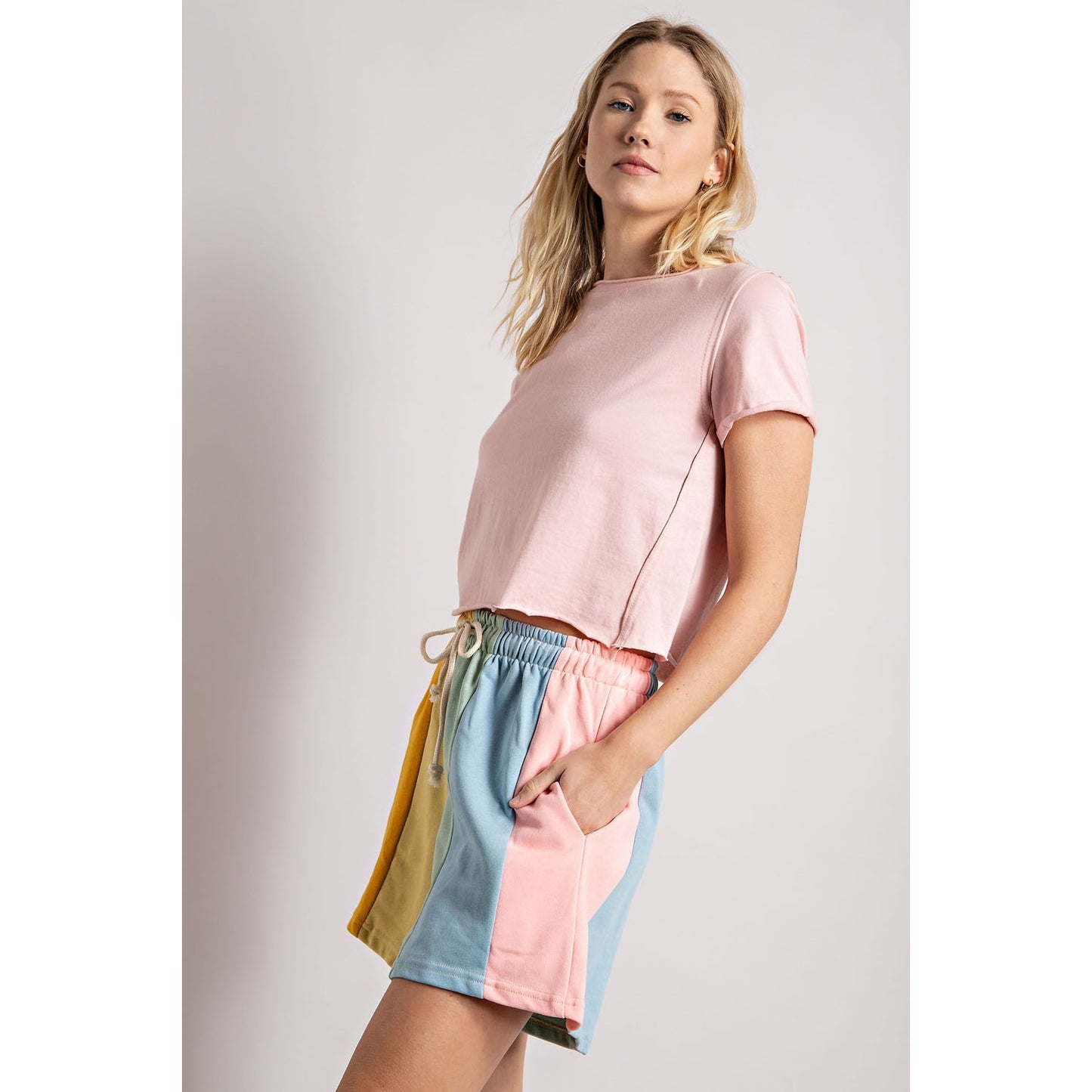 Muted Rainbow Color-Block Stripe Shorts
