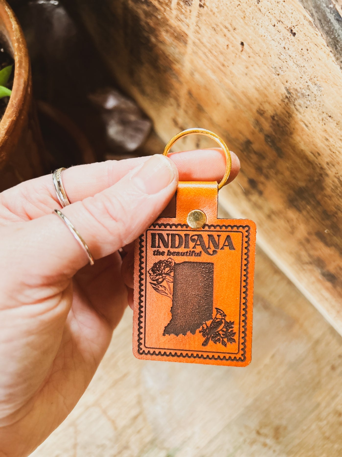 Beautiful Indiana Stamp Leather Keychain
