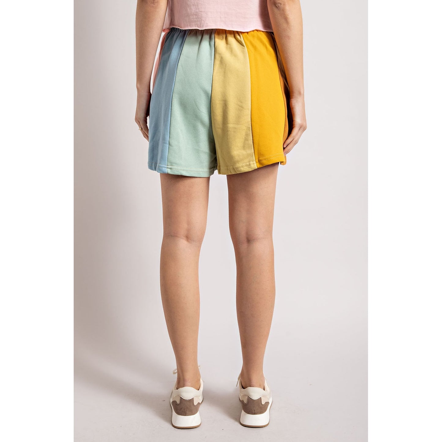 Muted Rainbow Color-Block Stripe Shorts