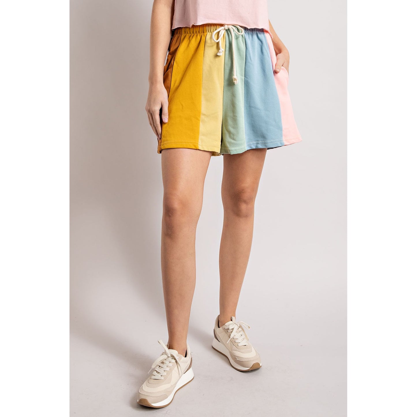 Muted Rainbow Color-Block Stripe Shorts