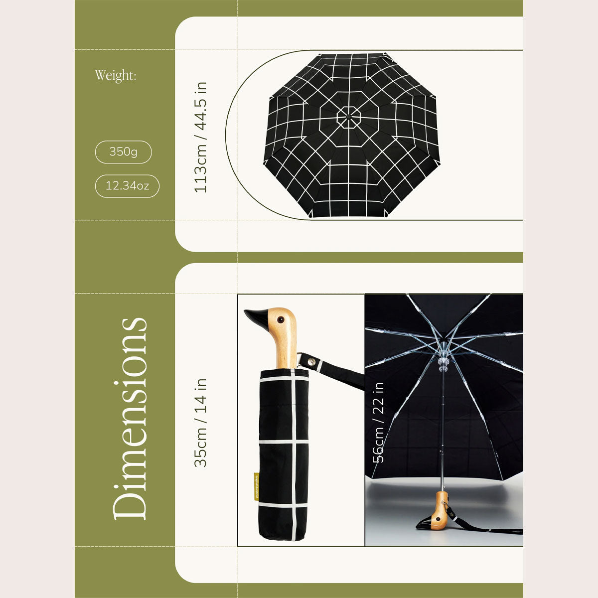 Stylish Black Grid Compact Eco - friendly Duck Umbrella