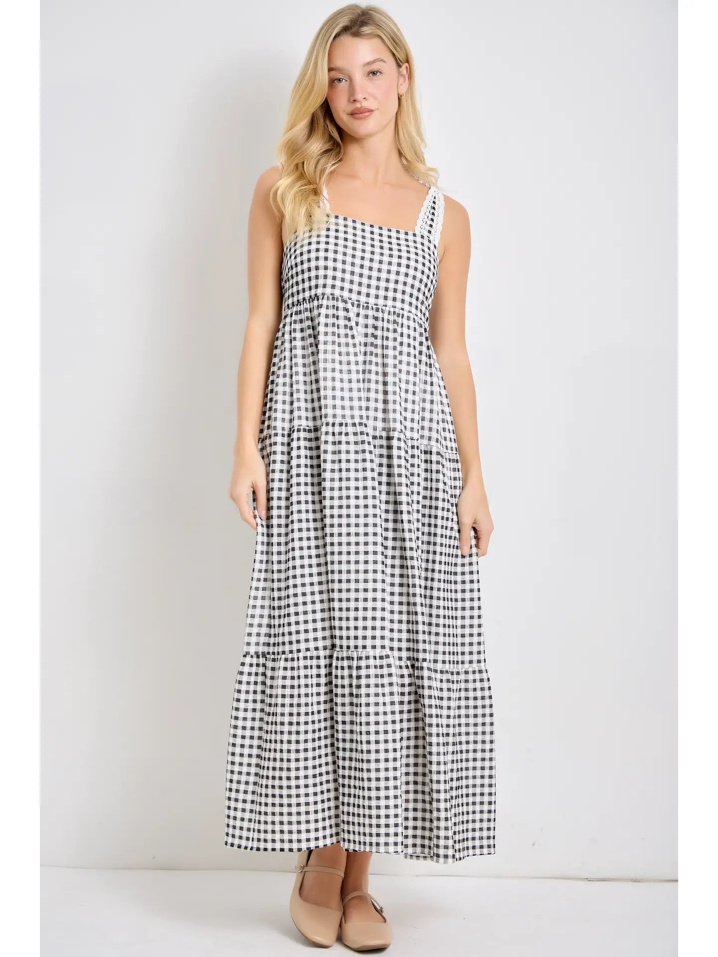 Gingham Eyelet Lace Maxi Dress