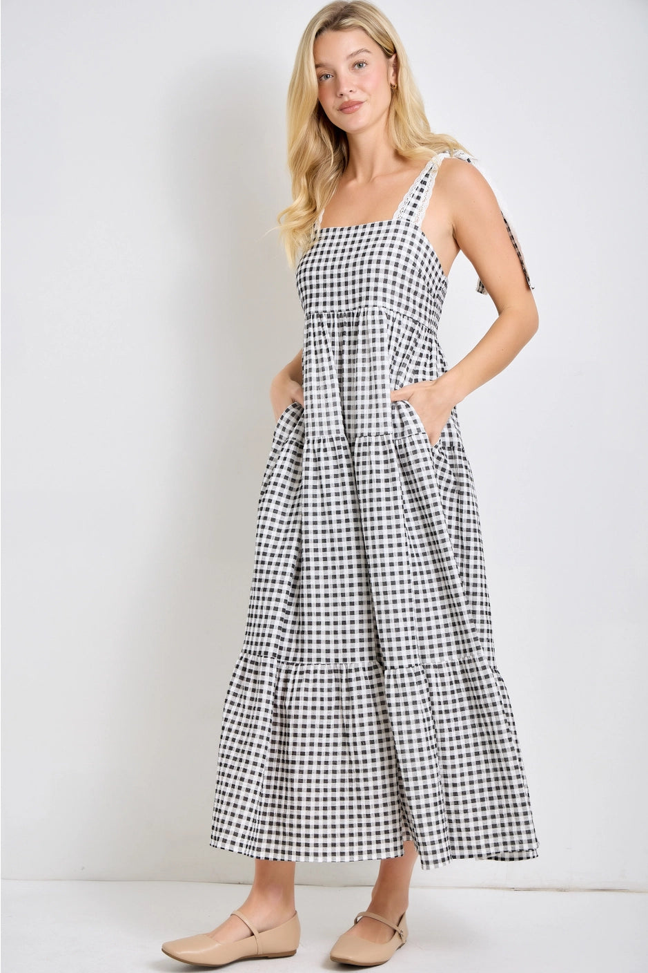 Gingham Eyelet Lace Maxi Dress