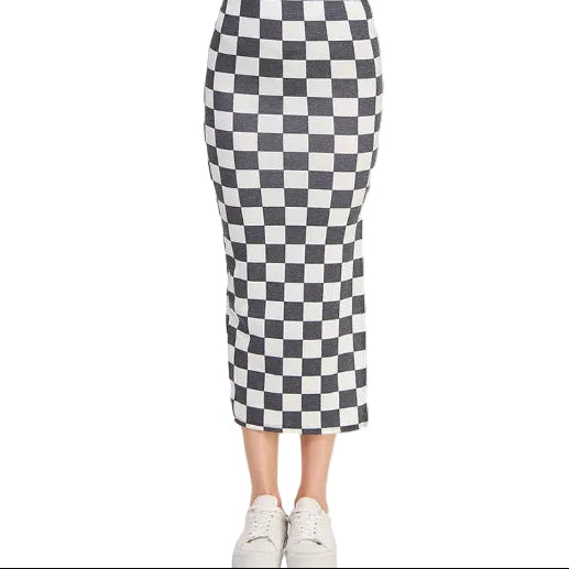 Checkered pencil skirt worn by a person on a white background