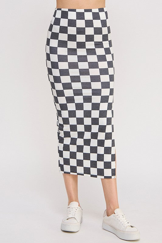 Race Day Checkered Pencil Skirt with Side Slit