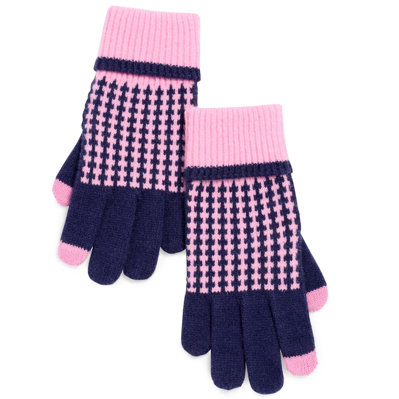 Pair of pink and navy checkered gloves on a white background