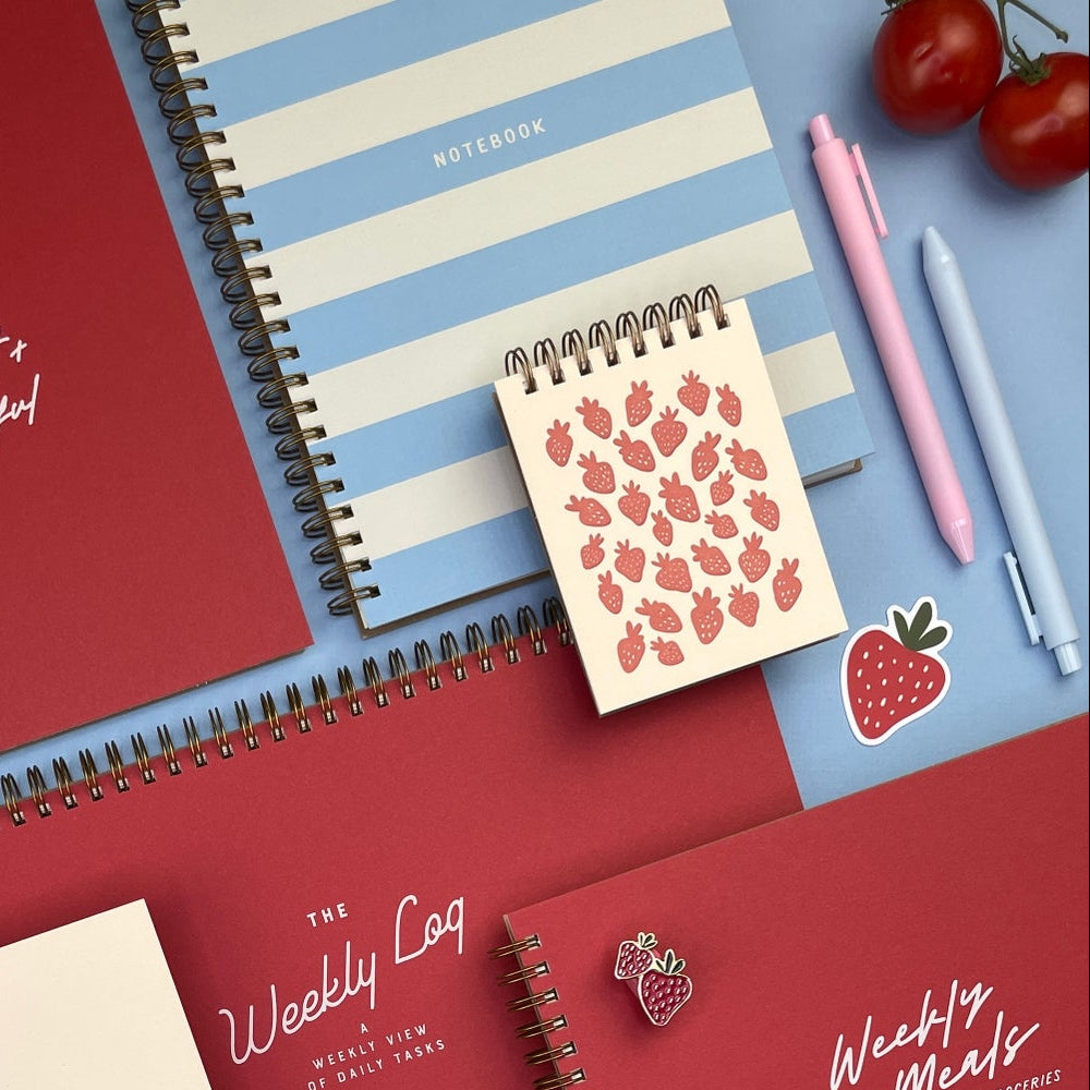 Collection of notebooks and stationery items on a blue background