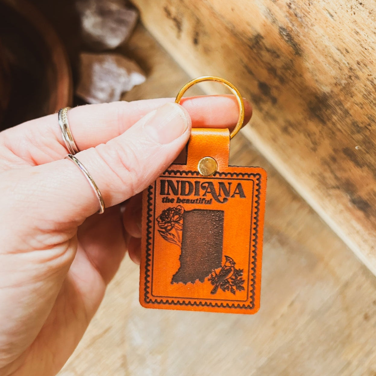 Beautiful Indiana Stamp Leather Keychain