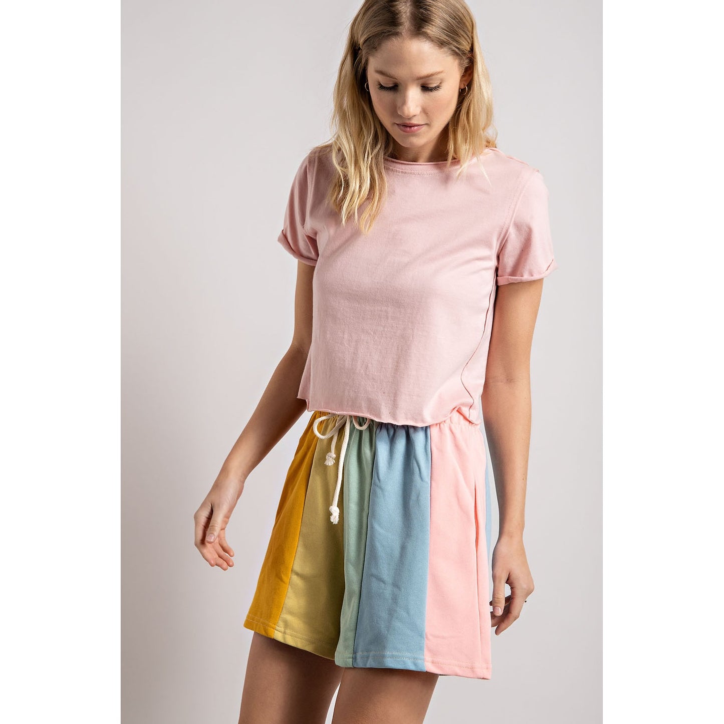 Muted Rainbow Color-Block Stripe Shorts