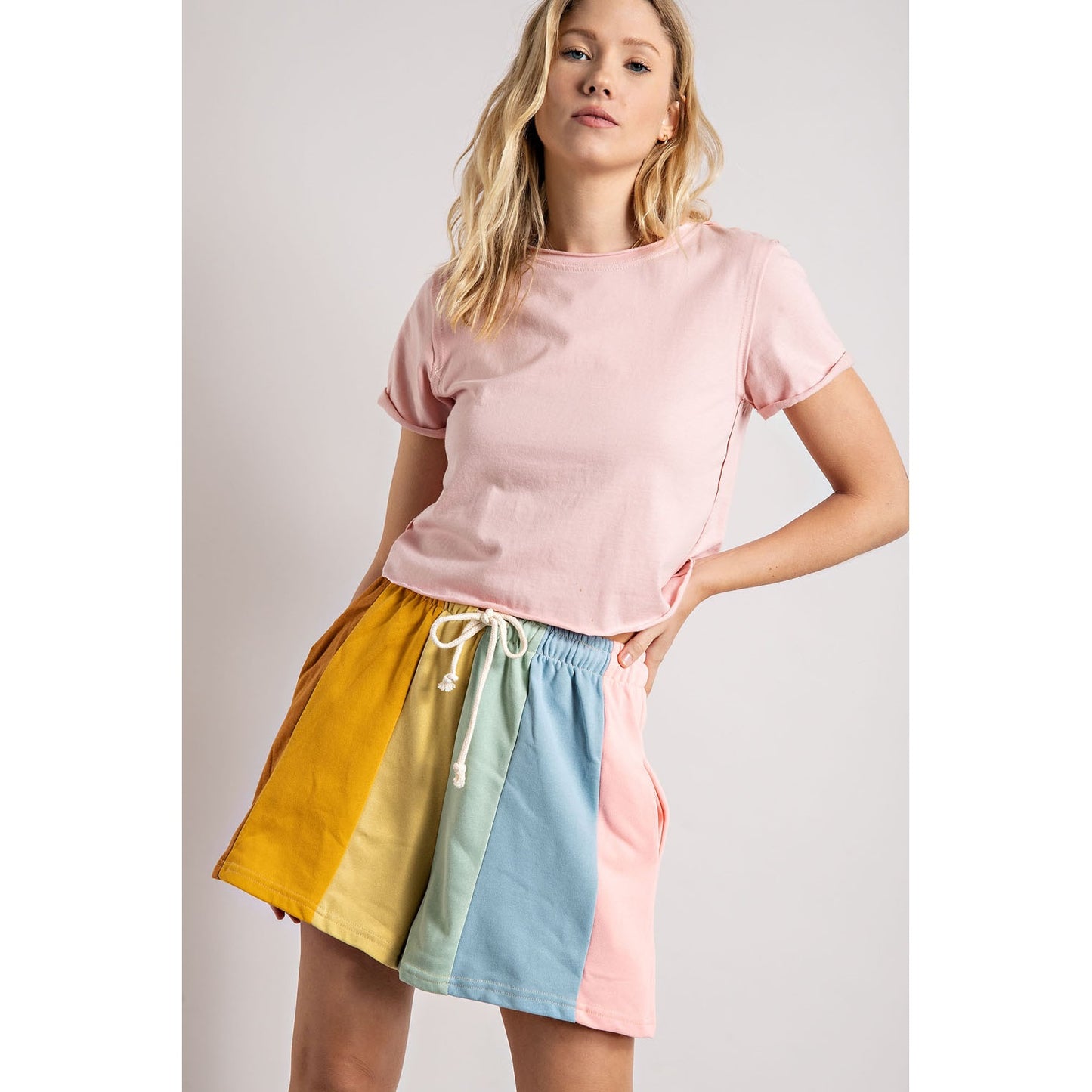 Muted Rainbow Color-Block Stripe Shorts
