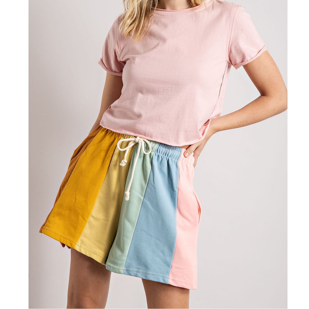 Muted Rainbow Color-Block Stripe Shorts