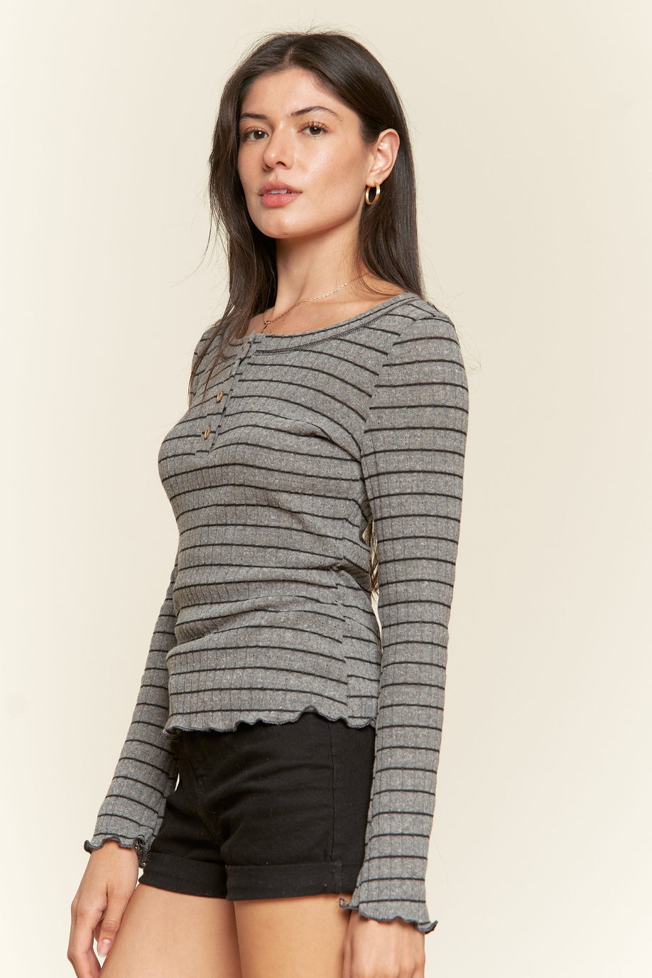 Heather Grey Rib Knit Long Sleeve Henley