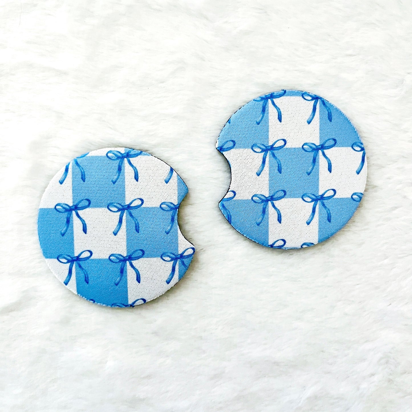 Car Coasters - Blue Coquette Bow & Checkered Pattern