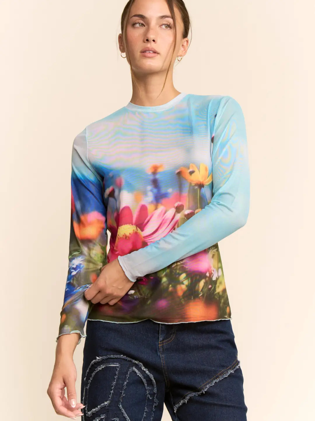 Floral Field Print Mesh Long Sleeve Top