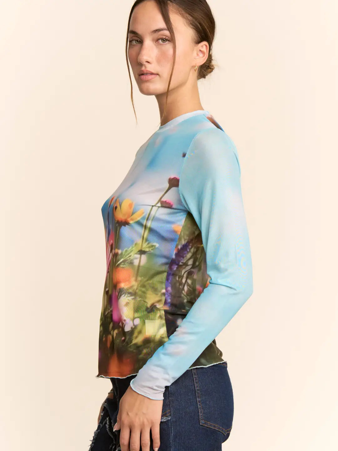 Floral Field Print Mesh Long Sleeve Top