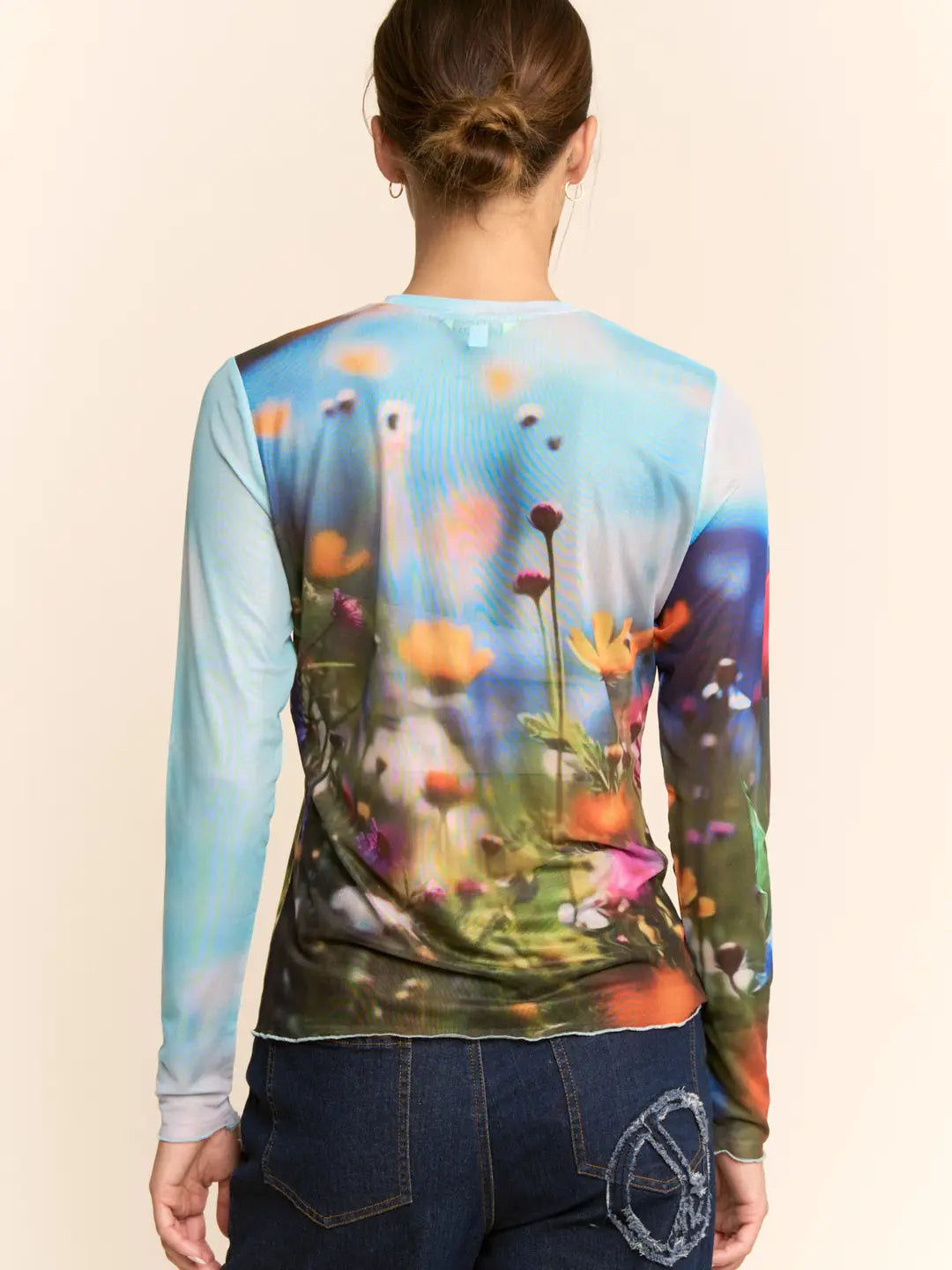Floral Field Print Mesh Long Sleeve Top