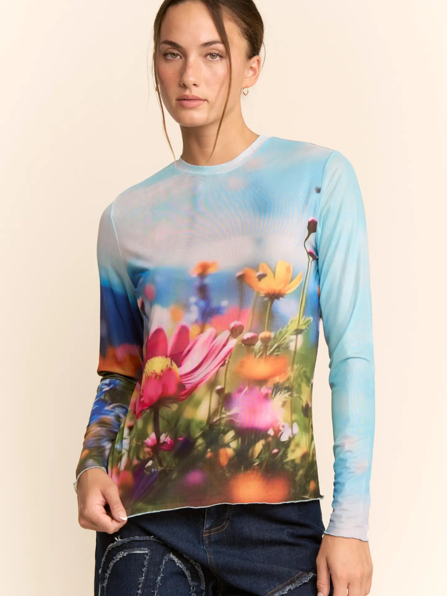 Floral Field Print Mesh Long Sleeve Top